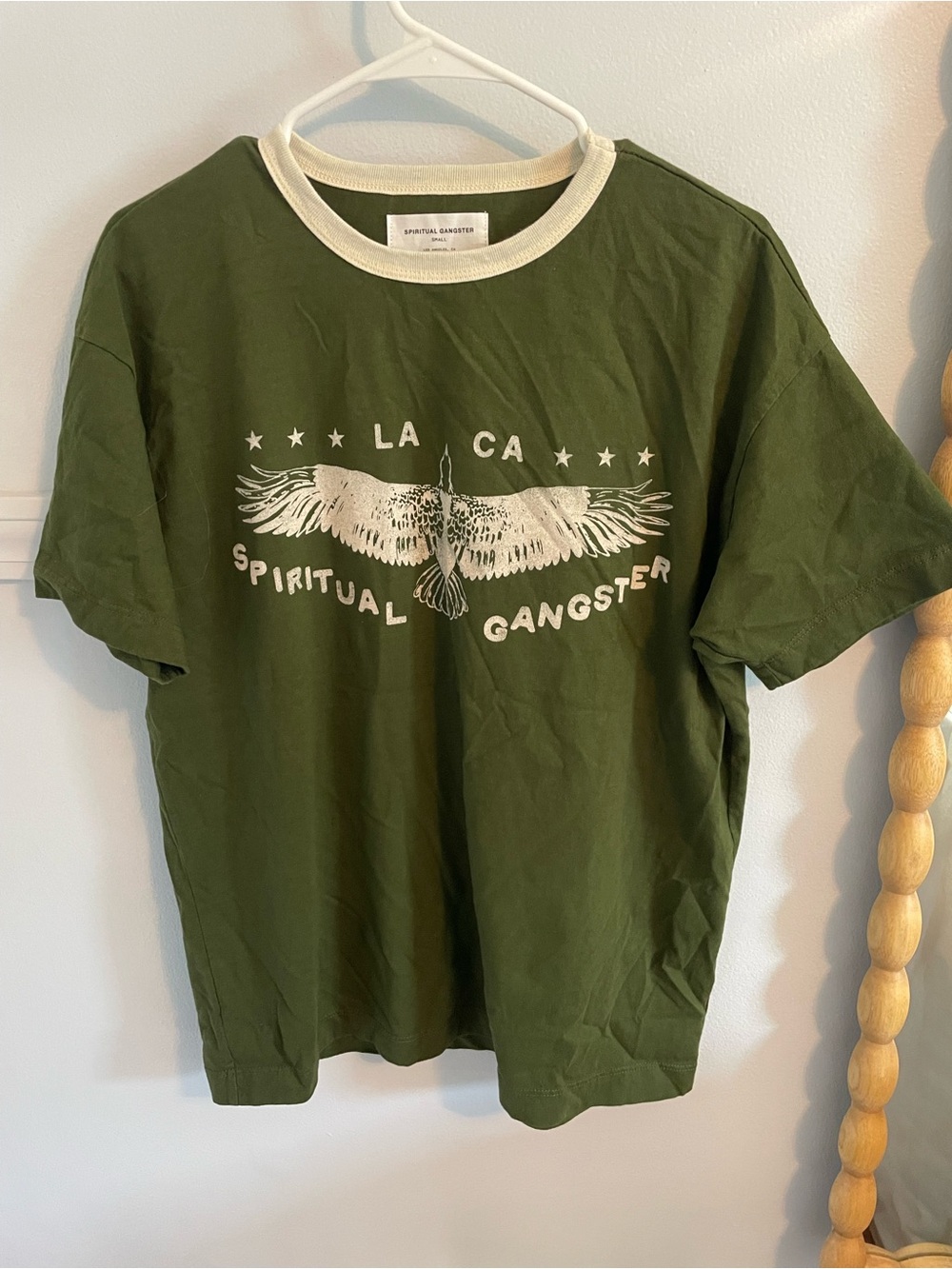 Spiritual Gangster Olive and Cream Ringer Tee oversized